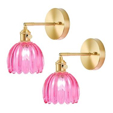 Imagem de LINSEEDS Conjunto de duas arandelas de parede com fio, arandelas de parede vintage com abajur de vidro vermelho rubi tulipa, arandelas de parede de banheiro com interruptor, arandelas douradas para