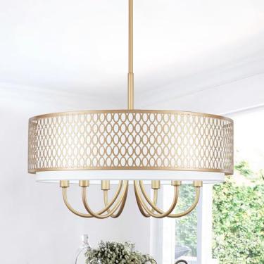 Imagem de Lustres Durm grandes de 55 cm para sala de jantar 6 luzes de fazenda lustre dourado com persianas de tecido, luminária suspensa para cozinha, ilha, sala de jantar, quarto, sala de estar, hall de