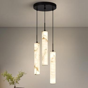 Imagem de LMQNINE Luzes pendentes de alabastro natural para ilha de cozinha, lustre de tubo longo, mármore branco, luminárias de teto pretas modernas para quarto, sala de jantar, mesa de sala de estar, corredor