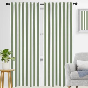 Imagem de zokyer Cortina de janela listrada verde longa com estampa de casa de fazenda moderna sálvia branca simples arte moderna retrô rústica neutra menta 107 cm L x 213 cm C para quarto, sala de estar, 2