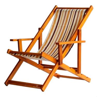 Imagem de Espreguiçadeira em Madeira Maciça para Piscina, Praia – Com Braço, Dobrável, Acabamento Envernizado (Listrado Marrom)