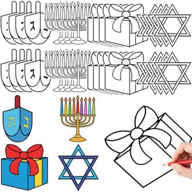 Imagem de Moinchore 48 peças de Hanukkah para colorir seu próprio papel artesanato estrela de Davi Menorah Dreidel desenho de cores faça você mesmo presentes para mulheres, pintura de aniversário, atividades de