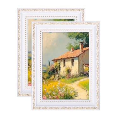 Imagem de eletecpro Conjunto de 2 porta-retratos 12 x 18 cm, molduras vintage 12 x 17 com vidro verdadeiro, exibe fotos 10 x 15 cm com tapete ou 12 x 17 sem tapete para decoração de mesa ou parede, branco