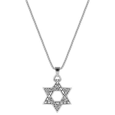 Imagem de DIAMANTIO Colar vintage com pingente de estrela de Davi para homens e mulheres – joia judaica hexagrama de aço inoxidável com gravação celta, presente religioso judaico