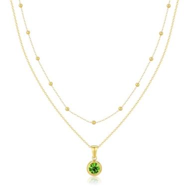 Imagem de Jewanfix Colar em camadas banhado a ouro 14K feminino diamante esmeralda colar de pedra do mês de nascimento colar de ouro delicado colar rosa azul-petróleo cubo zircônia pingente colar joia feminina