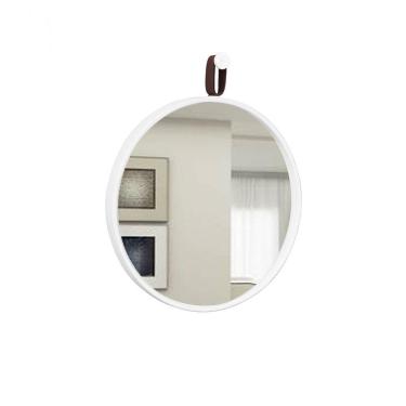 Imagem de Espelho Decorativo Short Strip Branco Alça Corino Café 60 cm Redondo