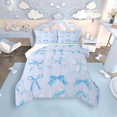 Imagem de jejeloiu Conjunto de cama casal com laço de aquarela, para meninos, meninas, adolescentes, meninas, com laço, respirável, macio, leve, microfibra, fofo, laço, edredom