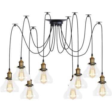 Imagem de Luminária pendente ajustável múltipla DIY teto aranha lâmpada, latão V-intage industrial vidro transparente sombra lustre pendurado iluminação, decoração moderna