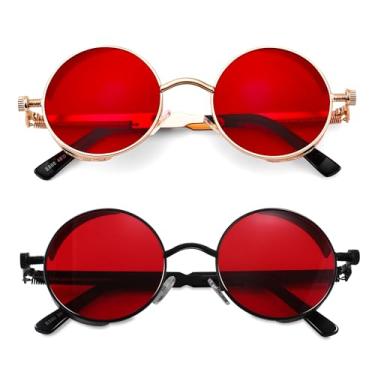 Imagem de FEISEDY Óculos de sol retrô gótico Steampunk armação redonda de metal punk inspirado em círculos escuros masculinos B1857, Pacote Z2 (preto/vermelho + ouro/vermelho), 1.9in