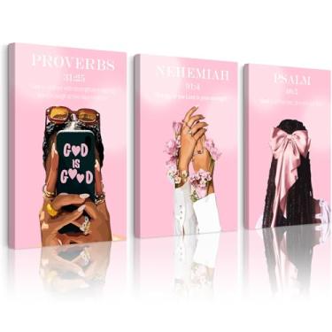 Imagem de Arte de parede de menina negra, pôster em tela cristã, rosa, versículo bíblico, decoração de parede, fotos de mulheres afro-americanas, moda, impressões, pintura de escrituras de fé moderna para