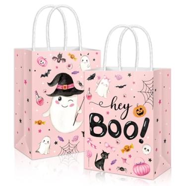 Imagem de Whaline 16 peças de sacos de presente de papel fantasma de Halloween rosa fofo fantasma boo sacos de lembrancinha de festa com alça bolsa de guloseimas para chá de bebê, aniversário de Halloween, 2