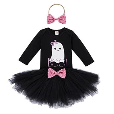 Imagem de IDOPIP My First Outfit Macacão de manga comprida para bebês meninas abóbora fantasma saia tutu lantejoulas laço faixa de cabeça conjunto de 3 peças para vestido de festa sessão de fotos fantasma preto