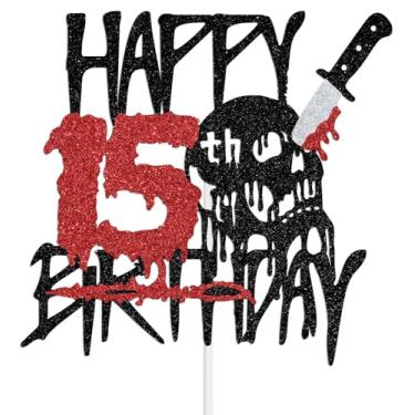 Imagem de Halloween Happy 15th Birthday Cake Topper, Have A Killer Birthday Decoration, Boy Girl Halloween Horror 15th Bday Party Decorations, Knife Horror Party Decorations Black Glitter