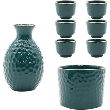 Imagem de TLTDSMY Conjunto de saquê japonês conjunto de panela de saquê com tigela mais quente e copos de saquê tradicional jarra de servir porcelana cerâmica artesanato taças de vinho copos de saquê, 6 xícaras
