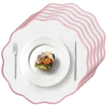 Imagem de Conjunto de 6 jogos americanos de linho, rosa e branco, 38 cm, rosa e branco, tapetes de mesa de linho de algodão, feitos à mão, lavável na máquina, sem rugas, jogo americano para hotel, restaurante