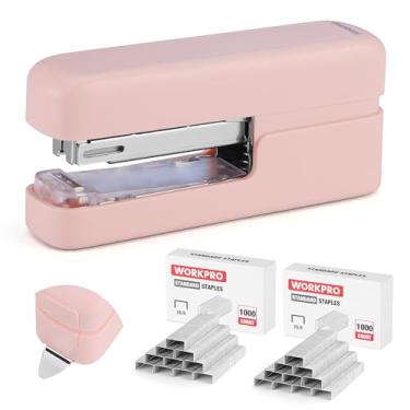 Imagem de WORKPRO Grampeador 2 em 1 com grampos, grampeador rosa com removedor de grampo, capacidade para 40 folhas, suporte plano, espaço de armazenamento, inclui 2000 grampos padrão - grampeadores de