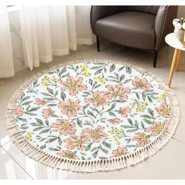 Imagem de Tapete de franja redondo vintage sem costura padrão floral estilo ditsy flores pequenas amarelo boho tapete de linho tecido à mão pátio corredor tapete decoração de casa sala de estar mesa de banheiro