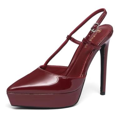 Imagem de NEWBELLA Sandálias femininas plataforma de couro envernizado salto agulha com tira no tornozelo, bico fino, salto alto, Borgonha, 35