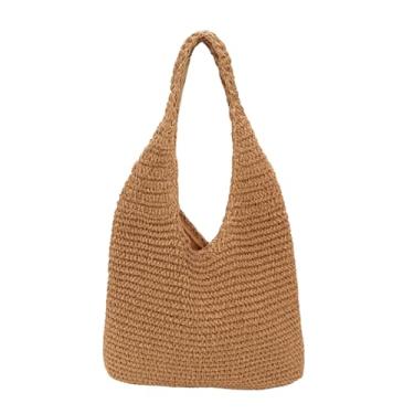 Imagem de Bolsa de Palha Grande para Praia | Tote Feminino com Zíper | Alça Listrada Reforçada | Trançado Resistente(Caqui)