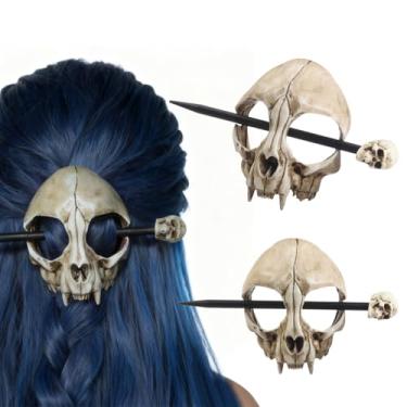 Imagem de GuoShuang Grampo de cabelo de caveira de gato com bastão de madeira – Acessório de cabelo de osso gótico durável para mulheres, broche de cabelo de caveira feito à mão, ornamento de cabelo estético