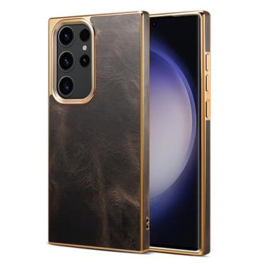 Imagem de Umiup Capa de couro genuíno para Samsung Galaxy S23 Ultra/S23 Plus/S23, capa de telefone galvanizada ultrafina com proteção de lente capa luxuosa macia, preta, S23 Plus de 6,6 polegadas