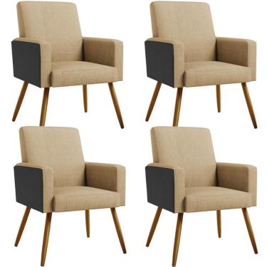 Imagem de Kit 04 Poltronas Decorativa Maria W01 Pés Palito Linho Bege Escuro Couríssimo Preto - Lyam Decor