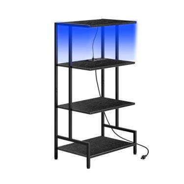 Imagem de Arbuxzuy Suporte de mídia AV de 4 níveis com tiras de energia, prateleira de TV de madeira com luzes LED, gabinete estéreo para espaço pequeno, torre de suporte de rack de áudio ideal para leitores de