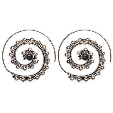 Imagem de 81stgeneration Brincos de rosca espiral de trabalho de mandala de latão prateado, Latão, Ônix
