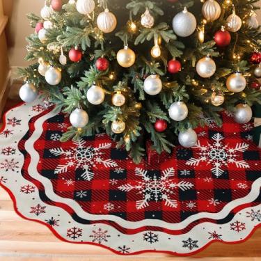 Imagem de Vertintong Saia para árvore de Natal 121 cm vermelho e preto buapilheira xadrez buapilheira para árvore de Natal de 1,8 m a 2,3 m, design frente e verso, floco de neve, feliz Natal para casa, inverno