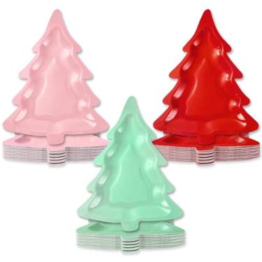 Imagem de Whaline 60 peças de pratos de papel de Natal, boho, pratos de jantar em forma de árvore de Natal, vermelho, rosa, verde, prato descartável para decoração de mesa, 20 x 26 cm