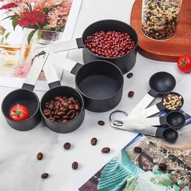 Imagem de Conjunto de 8 peças de copos e colheres de medição empilháveis e colheres de sopa precisas para medir a seco (preto)