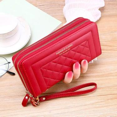 Imagem de Carteira feminina elegante longa clutch com zíper duplo porta-cartões de grande capacidade para uso diário, Vermelho