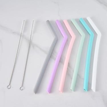 Imagem de 6 pacotes de canudos de silicone reutilizáveis com 2 escovas de limpeza, canudos de silicone de 25 cm