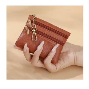 Imagem de Porta-moedas, carteira feminina compacta com zíper – Mini carteira com chaveiro – Organizador de bolso para cartões, dinheiro, identidade, Marrom, Porta-moedas, carteira feminina compacta com zíper