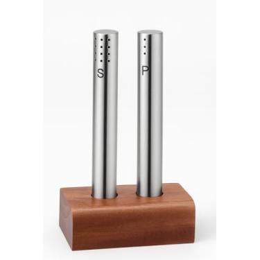 Imagem de Saleiro e Pimenteiro Inox Slim com Suporte Organizador de Mesa Moderno, Resistentes, Elegantes e de Fácil Reabastecimento