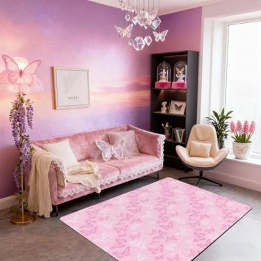 Imagem de Tapete de área infantil com borboleta, desenho floral, animal, flor, tapete de entrada para meninas e meninos, tapete antiderrapante romântico sonhador moderno, decoração de sala de estar, sofá rosa