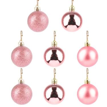 Imagem de Kit de 8 Bolas Natalinas Decorativas Rosé Fosca com Glitter Vermelho 8 cm para Árvore de Natal