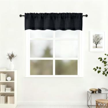 Imagem de Lecloud Saia preta para janela de 30 cm de comprimento, cortinas de cozinha macias texturizadas de linho sintético com filtro leve, bolsos de haste, cortinas curtas e arejadas para banheiro, porão de
