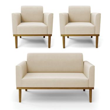 Imagem de Sofá Namoradeira Com 2 Poltronas Base De Madeira Fixa Castanho Marisa Suede D03 - D?rossi Cor Bege
