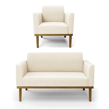 Imagem de Sofá Namoradeira Com Poltrona Base De Madeira Fixa Castanho Marisa Veludo D03 - D?rossi Cor Bege