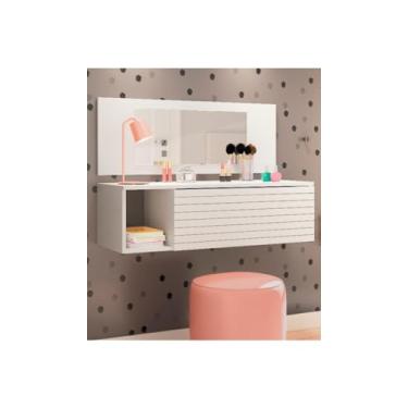 Imagem de Penteadeira e escrivaninha de parede, para aplicar maquiagem e expor objetos decorativos, com espelho e uma gaveta. (Branco)