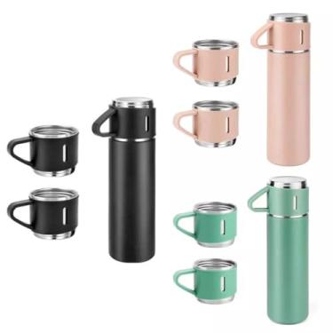 Imagem de Conjunto Térmico com Garrafa Inox 500ml e 3 Copos, Isolamento Dupla Camada, Mantém Temperatura 12h Quente/24h Frio, Cores Sortidas, Tampa Segura Sem BPA