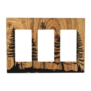 Imagem de biondbong Farmhouse Placas de interruptor de luz tripla de pinheiro marrom rústico com estampa de madeira de pinheiro marrom capas de tomada decorativa de 3 gangues placa de parede elétrica acessórios