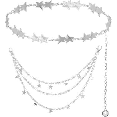 Imagem de DRABPOI Cinto de corrente de estrela de prata para calças de estrela cinto de metal ocidental para mulheres, cintos de corrente punk para vestidos jeans, cintos de corrente de cintura Y2k