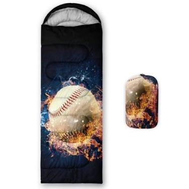 Imagem de QOOMO Sacos de dormir de acampamento com estampa de beisebol esportivo, clima quente e frio, leve, impermeável, sacos de dormir para adultos e crianças, viagens e ao ar livre, equipamentos de