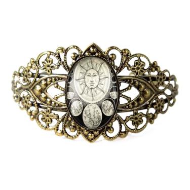 Imagem de Pulseira de filigrana da fase do sol e da lua - arte esotérica antiga, bronze antigo prata ou preto, joia de vidro vintage vitoriana feita à mão - 29-CB, Adjustable, Vidro, Sem Pedra Preciosa