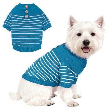 Imagem de Suéter de malha para cães com botões de madeira aconchegante para animais de estimação listrado roupas de inverno para chihuahuas cães pequenos gatos menino menina, azul, M