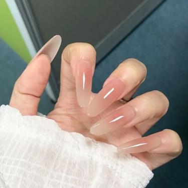 Imagem de Unhas de pressão médias longas amêndoas ombré nude rosa com cola falsa, cobertura total, bastão falso artificial em unhas de acrílico para mulheres, casamento, 24 peças