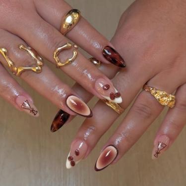 Imagem de Unhas de pressão de amêndoa média, marrom francês, cola falsa com design de tartaruga, cobertura completa, bastão falso artificial em unha de acrílico para mulheres, 24 peças