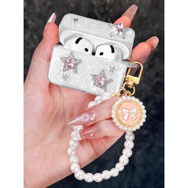 Imagem de Boaretiu Capa para AirPods 4 com chaveiro de laço de pérola - Capa protetora elegante para mulheres, lindas garotas kawaii, design exclusivo de silicone para AirPods 4ª geração 2024, estrela de cinco